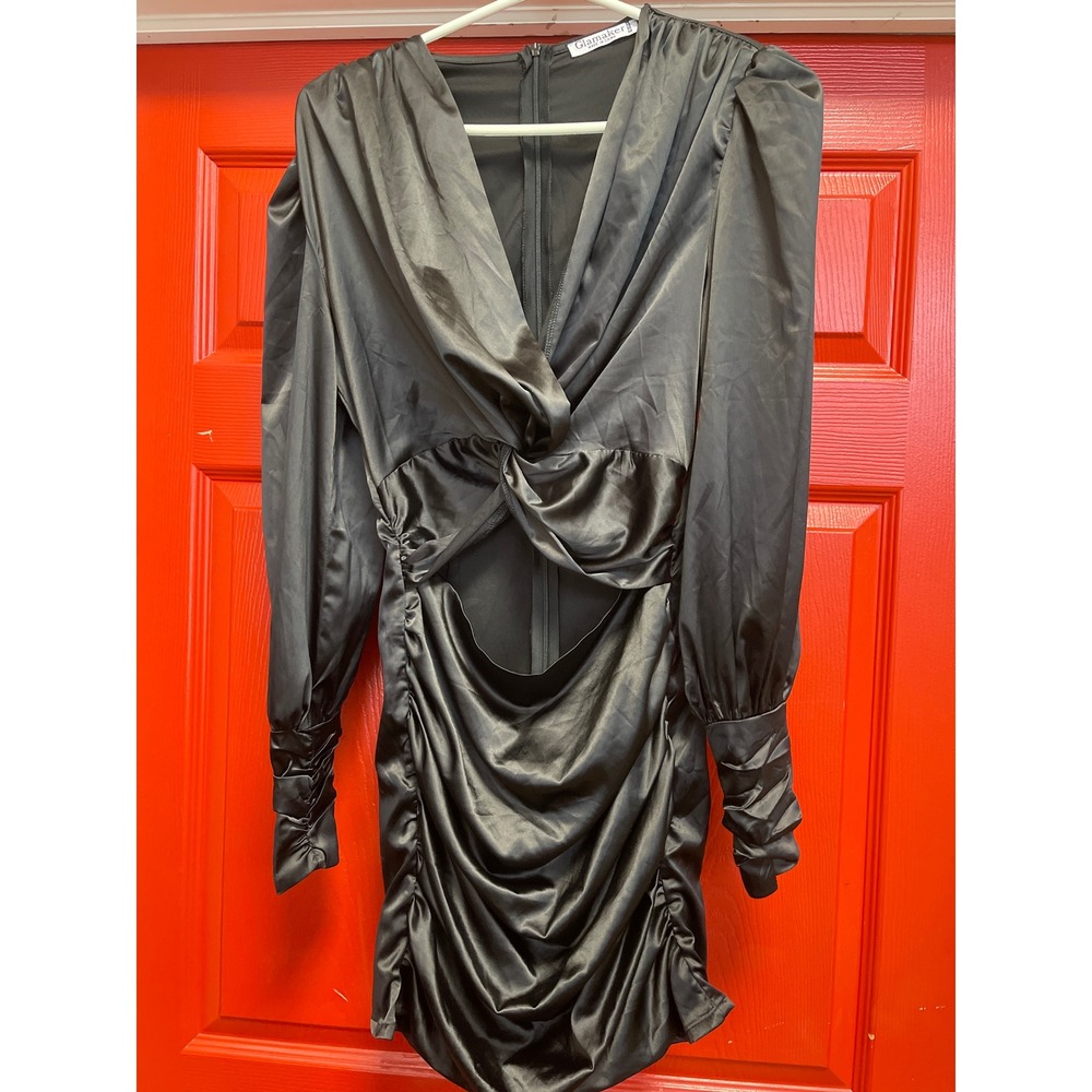 Glamaker Black Satin Cutout Twist Front Ruched Mini Dress Long Sleeve Medium